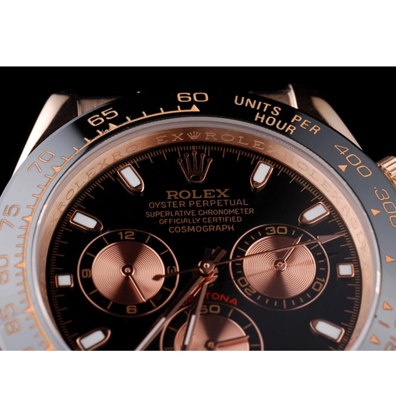 AAA Replica Watches Dial Daytona Black Gold Black Case Leather Rose Strap Rolex 0817